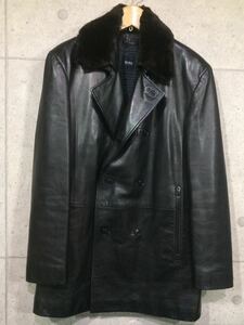 HUGO BOSS・ヒューゴボス 羊革レザーコート/ダブルジャケット 46(M・L程度) USED/襟ムートン/ブラック/