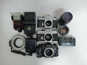 ジャンクまとめ売り Canon Pentax含むフィルムカメラ Canon FD 50mm 1.4含むレンズ Nikonストロボ含む 計9個 動作未確認 同梱不可 RJ32
