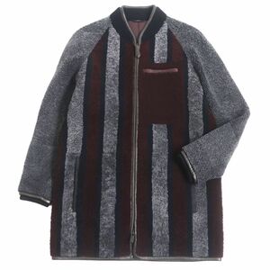 美品□FENDI/フェンディ ストライプ柄 レザー使い WZIP ノーカラー ムートンコート/ミドルコート グレー/ボルドー 46 伊製 正規品 メンズ