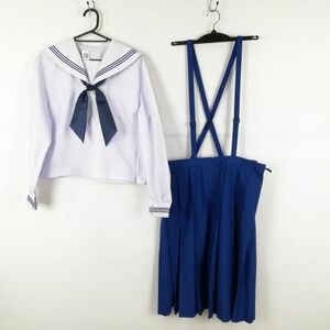 1円 セーラー服 スカート スカーフ 上下3点セット 大きいサイズ 特大 中間服 青3本線 女子 学生服 中学 高校 白 制服 中古 ランクC NA0277