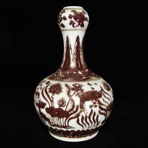 ▽鴻▽ 明 宣德年製款 釉里紅 魚藻紋 蒜頭瓶 古陶瓷品 置物 古賞物 中国古玩 中国古美術