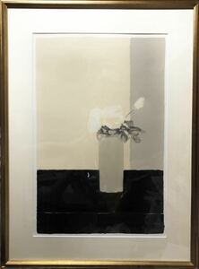 ◆真作◆カトラン リトグラフ 黒いテーブルの白いバラ 刷込みサイン マット内寸(約) 71.5cm×47cm
