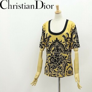 美品 ヴィンテージ◆Christian Dior クリスチャンディオール 総柄 ロゴ刺繍 Tシャツ カットソー マスタードイエロー×ブラック