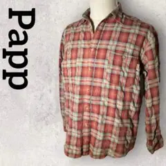Papp パプ フランネル シャツ ネルシャツ(M)オレンジ レッド系 胸ポケ
