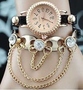 腕時計 ダイヤ風装飾 ジャラジャラチェーン付き ブレスレット風 (ブラック)