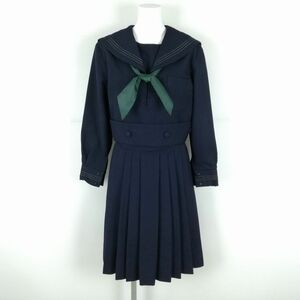 1円 セーラー服 スカート スカーフ 上下3点セット 大きいサイズ 冬物 緑3本線 女子 学生服 大阪樟蔭高校 紺 制服 中古 ランクC NA1803