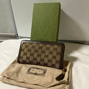 【美品】GUCCI グッチ ラウンドファスナー 長財布 キャンパス地 レザー GGシマ バンプー 付属品付き シリアルあり