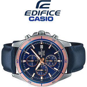 新品1円 カシオ逆輸入EDIFICE欧州エディフィス100m防水 クロノグラフ 本革 ブルー&ゴールド 未使用 CASIO 本物 メンズ 腕時計