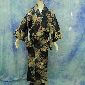 （80）洗える着物　washable 小紋 合成繊維　中古 pre-owned　紺　レディース　Japanese Kimono　161cm　63.3inch synthetic fiber