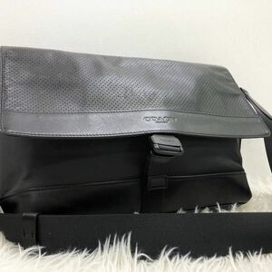 1円 【美品】 COACH コーチ ショルダーバッグ パフォレイテッド バイク F71968 メッセンジャー メンズ ビジネス レザー パンチング 黒 本革