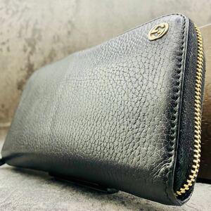 未使用級/近代モデル GUCCI グッチ 長財布 インターロッキング レザー シボ革 GG ラウンドファスナー メンズ ビジネス ソーホー ブラック 