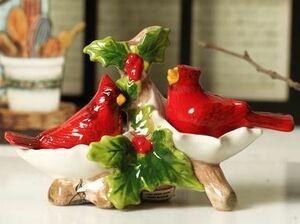 調味料入れ 赤い鳥 緑の葉 陶器製