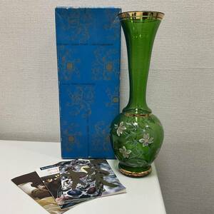 1762◆Bohemia GLASS ボヘミアングラス ハンドペイント フラワーベース 花瓶 グリーン 花柄 現状品