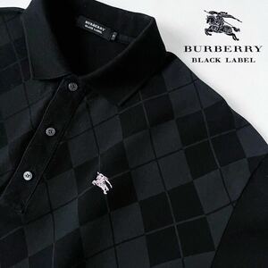 (美品) バーバリー ブラックレーベル BUBERRY BLACK LABEL 半袖 ポロシャツ 3 (L) ブラック アーガイル シャツ 