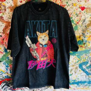 AKIRA 芝犬 リプリント Tシャツ 半袖 メンズ 新品 個性的 ケミカルウォッシュ ティーシャツ 黒 グレー XL ２XL