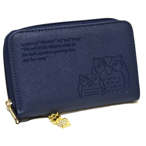 新品 フクロウ 財布 レザー 二つ折り ファスナー ネイビー 縁起 未使用 紺 福財布 合皮