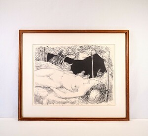 真作 藤田嗣治 1947年大丸美術部取扱い リトグラフ「夢」画66×49cm 繊細な描写の美しい女性の肌 覗き込む動物たちの表情が可愛らしい 8687