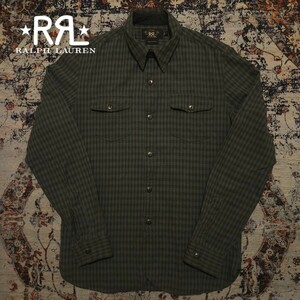 【逸品】 RRL Plaid Work Shirts 【S】 プレイド ワーク シャツ 格子柄 チンストラップ 鉄ボタン 緑 黒 ブラック Ralph Lauren エイジング