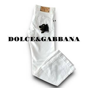 C14 美品 名作 パンサーデザイン 46 M前後『ドルチェ＆ガッバーナ ドルガバ DOLCE&GABBANA』黒豹刺繍 ホワイト デニムパンツ ジーンズ 白