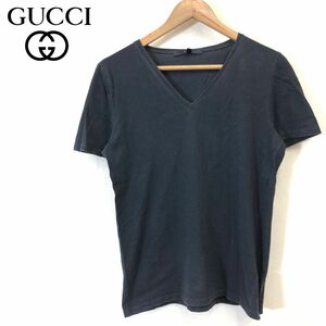 A1062-F◆ イタリア製 ◆ GUCCI グッチ 半袖Tシャツ カットソー Ｖネック ◆ sizeL コットン100 ブラック 黒 無地 古着 春夏