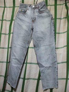 90s VICUNHA BIZARREブラジル　ワイドスリムジーンズ　厚地デニム　グレー　サイズ３６(62cm)　裾切り　中古＠クラッシュダメージ