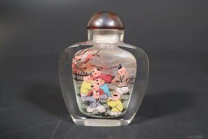 【和】(9069)　中国古玩　唐物　ガラス絵鼻炎壺　香水瓶　唐子　乾隆ガラス