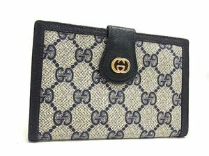 1円 GUCCI オールドグッチ ヴィンテージ GG柄 PVC×レザー がま口 ホック 二つ折り 財布 ウォレット ネイビー系 AW8122