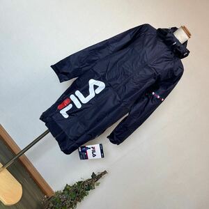 新品　FILA フィラ ロング丈レインコート ネイビー紺　 ブランドロゴ柄カッパ 雨具パーカ収納ポーチ　撥水はっ水　Ｍ　9号11号　155-165