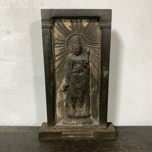 金属工芸　仏像レリーフ　銅　観音像　高さ17.5cm　重さ976g　置物　銅器　仏教美術