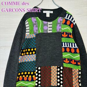 【希少デザイン】COMME des GARCONS SHIRTコムデギャルソンシャツ　フロントマルチパターン切替ニット　ドット　マルチカラー　総柄　レア