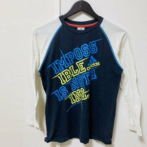 【人気】アディダス　adidas プリントTシャツ 長袖丸首カットソー　ビッグプリント　ホワイトネイビー　バイカラー　160サイズ