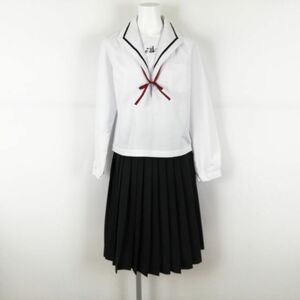 1円 セーラー服 スカート 紐タイ 上下3点セット M 中間服 黒1本線 女子 学生服 中学 高校 白 制服 中古 ランクC NA0351