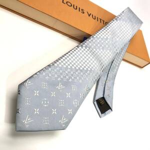 ★極美品／人気★LOUIS VUITTON ルイヴィトン クラヴァット・ミックスモノグラム 9CM ライトブルー×シルバー ネクタイ ダミエ LVロゴ