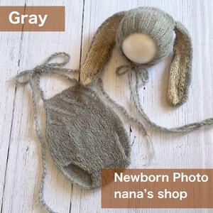 グレー♪うさぎ耳帽子と編み模様のオーバーオール　ニューボーンフォト撮影衣装