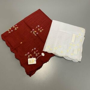 １円〜　レディース　婦人　ハンカチ　2枚セット　白　赤　刺繍　コットン　C1881