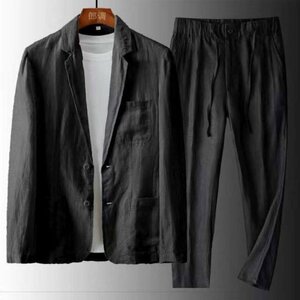 メンズ スーツセット セットアップ テーラードジャケット テーパードパンツ 上下2点セット 綿麻風 スラックス フォーマル ブラック　4XL