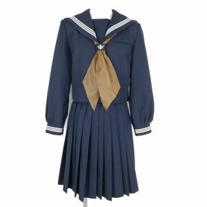 1円 セーラー服 スカート スカーフ 上下3点セット 指定 150A 冬物 白3本線 女子 学生服 東京七生中学 紺 制服 中古 ランクC NA2345