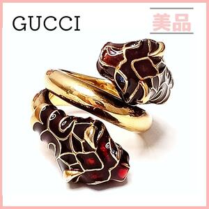 グッチ タイガーヘッド リング 10号 ゴールド ラインストーン ダブルタイガー GUCCI アンティーク風 ヴィンテージ風 ブルー