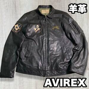 AVIREX A2 MA-1 フライトジャケット レザー 羊革 ワッペン 黒 Lサイズ レザージャケット シングルライダース 