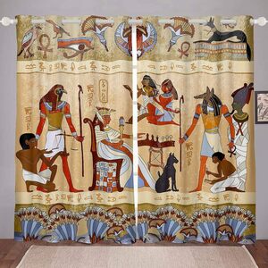 古代エジプト柄窓用カーテン遮光ドレープ寝室用ウィンドウ装飾 2枚ペアセットルームインテリア贈り物輸入品
