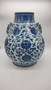 中国 古物 花器 壺 時代物 染付 花入 青花 花模様 清時代 耳あり 磁器 中国古美術