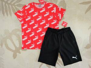 新品★PUMAプーマ★140★大人気の総柄!!Tシャツ(レッド)・ハーフパンツ(ブラック)★赤/黒★上下★赤/黒★即決★ラスト1点