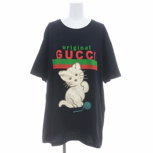 グッチ GUCCI キャット刺繍 半袖Tシャツ オーバーサイズ 五分袖 L 黒 ブラック 615044 /HS ■OS レディース