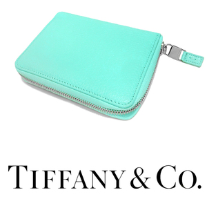 【未使用品 超美品】 ティファニー Tiffany ラウンドファスナー二つ折り札入れ マルチケース カードケース 財布 ポーチ 小物 レザー ブルー