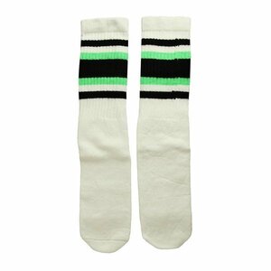 SkaterSocks ロングソックス 靴下 男女兼用 ソックス Knee high White tube socks with Black-Neon Green stripes style 4 (22インチ)