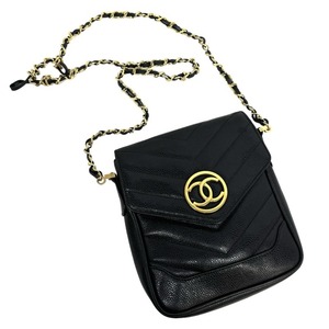 シャネル CHANEL シェブロン Vステッチ バッグ ショルダーバッグ キャビアスキン ネイビー 紺 ゴールド金具