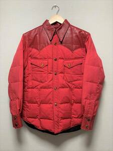 [THE FLAT HEAD] レザー切替 キルティング ダウンシャツジャケット 36 牛革 日本製 レッド 赤 フラットヘッド