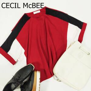 セシルマクビー CECIL McBEE カットソー サイズM レッド ホワイト ブラック 白 黒 赤 五分袖 プルオーバー ゆったり 丸首 2040