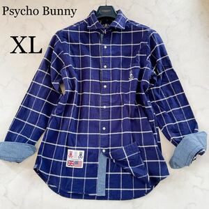 美品《希少XLサイズ》サイコバニー ●Psycho Bunny 長袖シャツ チェック柄 スカル刺繍 上質 コットン100% ブルー 日本製 青 メンズ