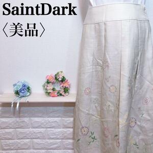 【美品】SaintDark セントダーク 大人かわいい昭和感 さらすべ質感 ペチコート付花柄ミモレ丈スカート カラフルカラー M レディース